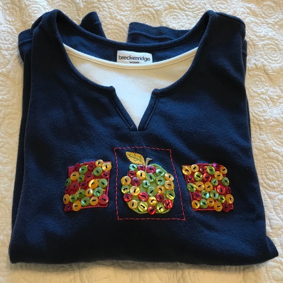 Breckenridge fall-themed long sleeved blue top with button apple design (2X) - Picture 1 of 16